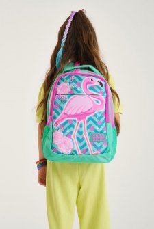 Coral High Kids Su Yeşili Pembe Simli Flamingo Desenli Üç Bölmeli Okul Sırt Çantası 14382